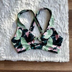 WILDFOX Martinique Tessa Sports Bra Plunge Twist Palm Leaf Pink Green Tropical